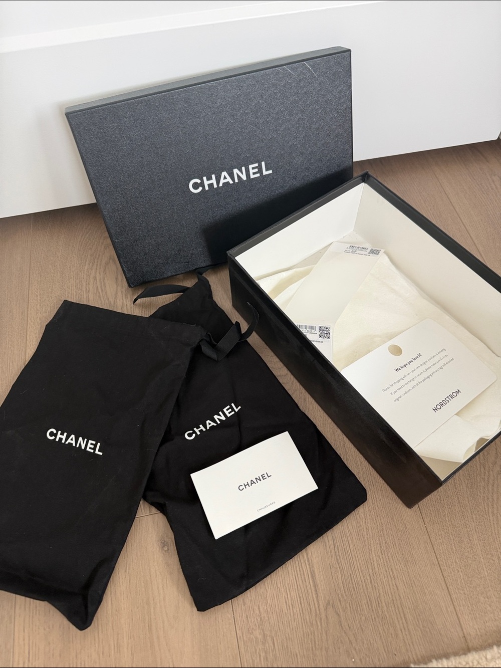 CHANEL Black and White Box with Black Dust Bags & Card Set